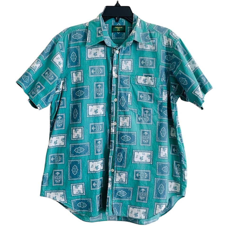 Vintage Valentino Jeans Men’s Short Sleeve Button-Up Shirt Green Bandana Print